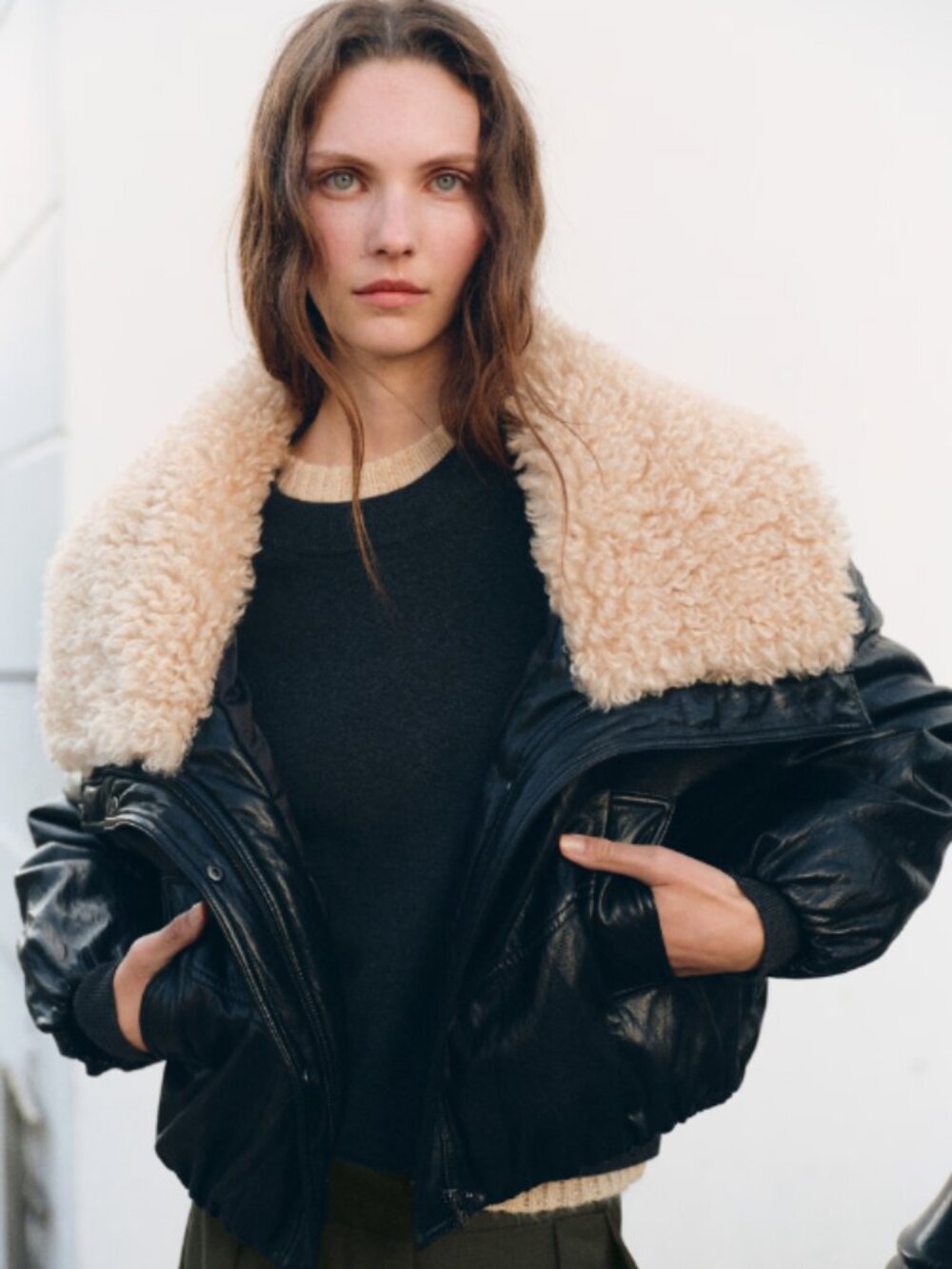 MANGO Women's Shearling Collar Faux-Leather Jacket Black Size L NWT